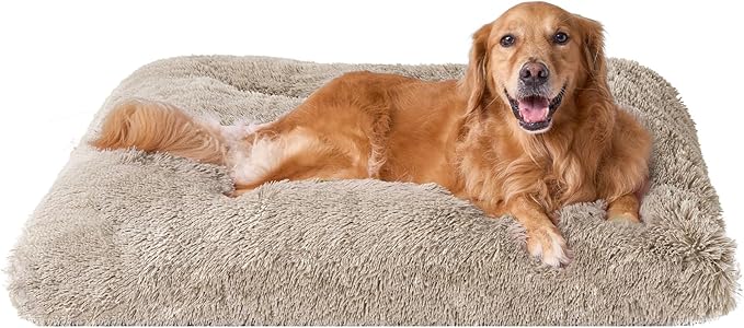 EHEYCIGA Fluffy Dog Crate Bed for Extra Large Dogs, Plush Faux Fur Crate Pad, Calming Anti Anxiety XL Dog Bed, Washable Soft Warm Crate Mat with Non-Slip Bottom, Taupe