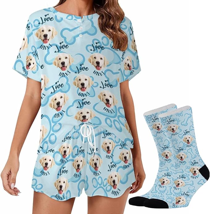 Custom Short Pajamas Set with Face Photo Women‘s Sleepwear Tee Personalized PJ Short Loungewear Set fot Her