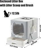Vealind Covered Litter Box with Lid, Low Entry Kitten Small Litter Box Enclosure with Scooper and Brush, Anti-Splashing Top Entry Litter Box Grey