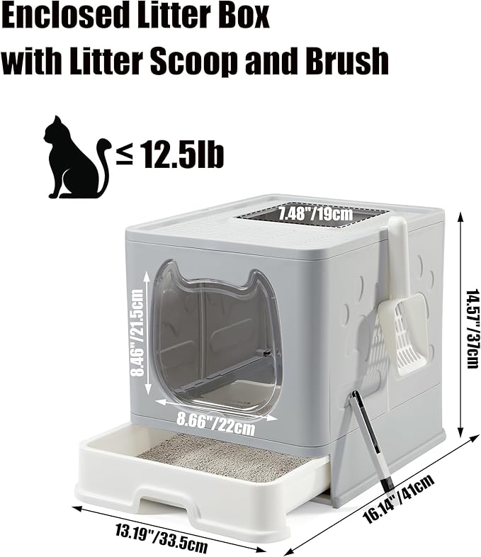 Vealind Covered Litter Box with Lid, Low Entry Kitten Small Litter Box Enclosure with Scooper and Brush, Anti-Splashing Top Entry Litter Box Grey