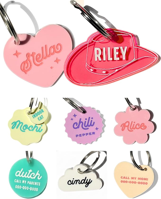 Personalized Pet ID Name Tag Charm – Custom Engraved Contact Information – Acrylic Collar Pendant w/Stainless Steel Ring for Harnesses – Lightweight for Dogs Cats (Wavy, Black)