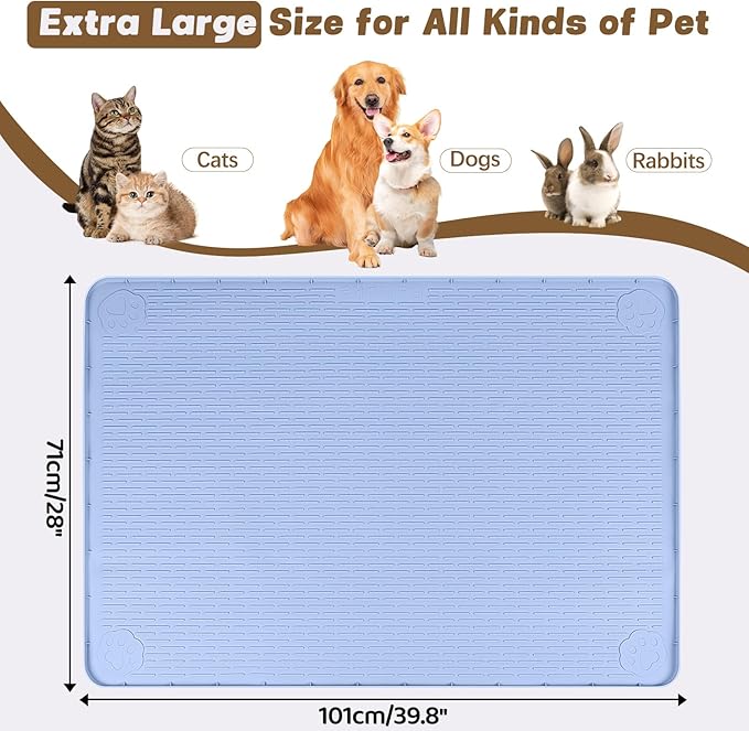 Cat Food Mat, 40" x 28" Extra Large Silicone Pet Feeding Mat with Raised Edge Pet Placemat for Food and Water Bowl Non-Slip, Easy to Clean, Floor Protection (Blue)