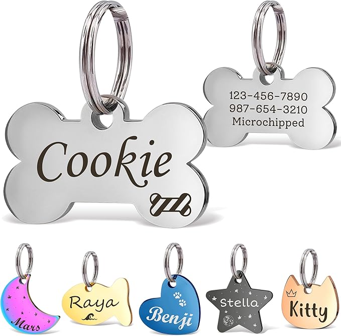 Anavia Small Size Dog Cat ID Tags, Small/XS Personalized Color Plated Stainless Steel Puppy Kitten Name Tags, Customized Engraved Nameplate Pet Collar Tag (Silver, Bone)