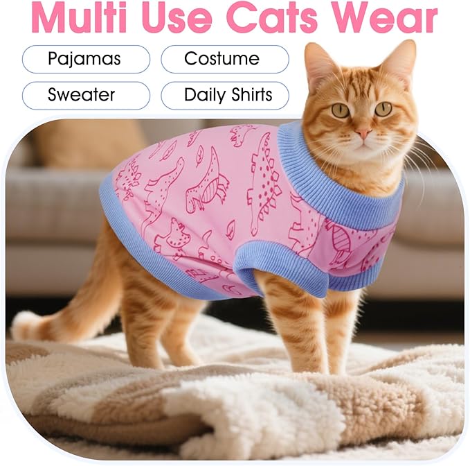 DENTRUN Sleeveless Cat Vest with Dinosaur Print, Breathable Ultra-Soft Dralon Fleece Cat Sweater, All-Season Pet Costume Apparel for Cats, Kitten Clothing for Indoor/Outdoor, Pink, XS