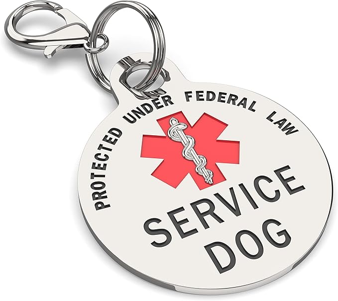 Service Dog TAG Small Breed Premium Double Sided Identification .999 Inch Engraved - Bold Protected Under Federal Law With Medical Alert Symbol - Easily Attach to Collar, Harness and Service Vest