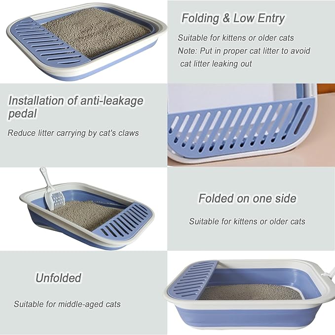 Senior Cat Litter Boxes, Collapsible Open Low Entry Cat Litter Pan with Scoop Travel Kitty Potty Pan Foldable Pet Toilet for Sick Disabled Older Elderly Cats 20.9x15.7x5.7 inch