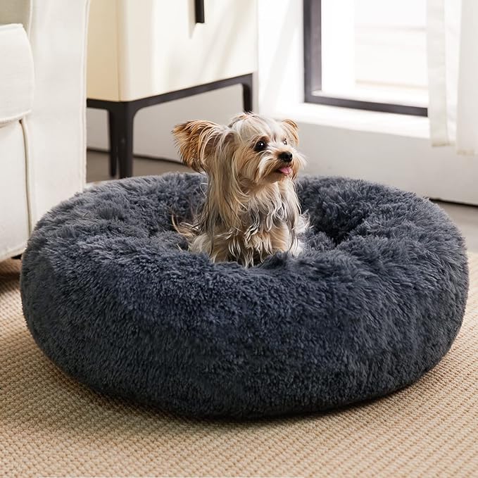 WNPETHOME Calming Dog Bed & Cat Bed, Anti-Anxiety Donut Small Dog Beds, Fluffy Faux Fur Cat Cushion Dogs Beds for Small Dogs and Cats (20 x 20 x 8 Inch, Navy Grey)