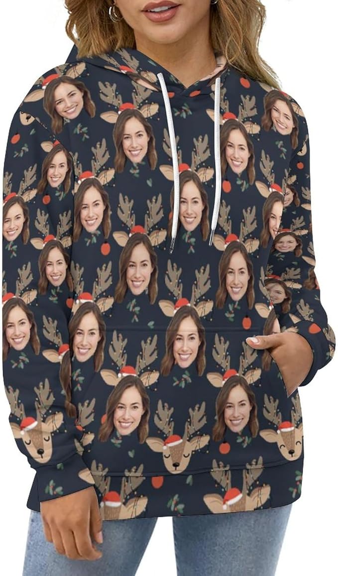 Artsadd Custom Face Unisex athletic Pockets Sweatshirt Loose Hoodie Custom Christmas Long Sleeve Sweatshirt Hooded Pullover