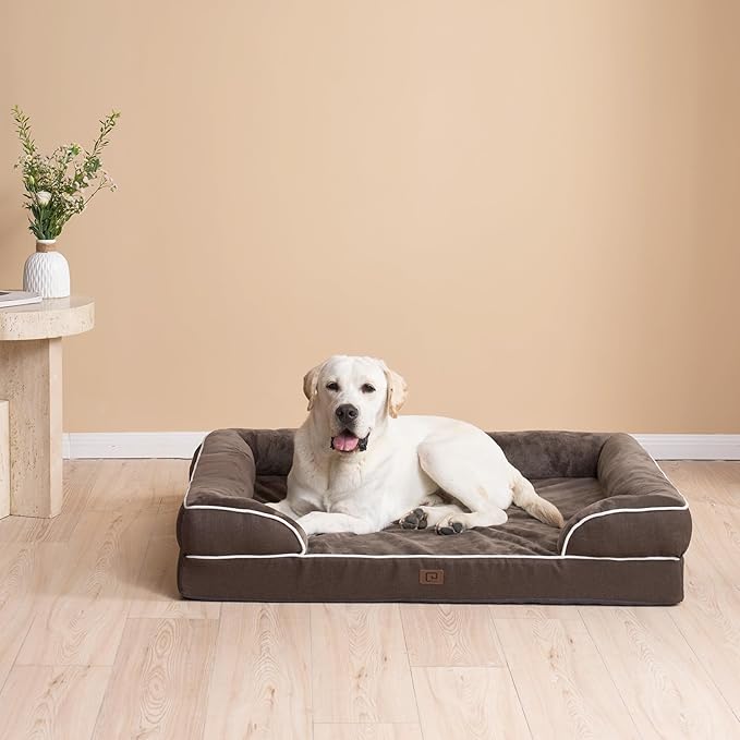 EHEYCIGA Orthopedic Dog Beds for Extra Large Dogs, Waterproof Memory Foam XL Dog Bed with Sides, Non-Slip Bottom and Egg-Crate Foam Big Pet Couch Bed with Washable Removable Cover, Brown