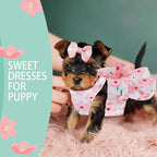 Dog Dress Bowknot Harness Leash Set for Small Girl Dogs Pink Floral Dog Cat Clothes Cute Puppy Outfits Pet Clothes Spring Summer Breathable Dresses(Large)