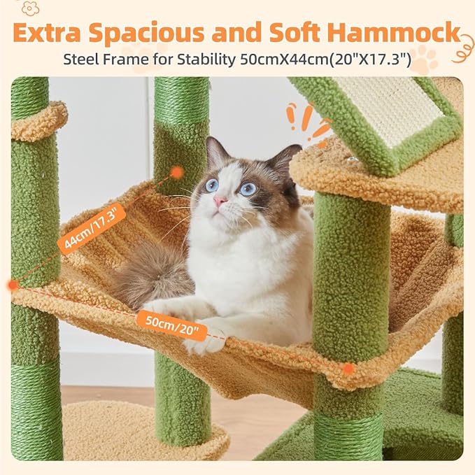 Taoqimiao Cactus Cat Tree, 71-Inch Cat Tower for Indoor Cats Large Adult, Multi-Level Large Cat Condo, 8 Sisal Scratching Posts, Metal Frame Cozy Hammock, Scratch Board, 2 Top Perches, MSC026L
