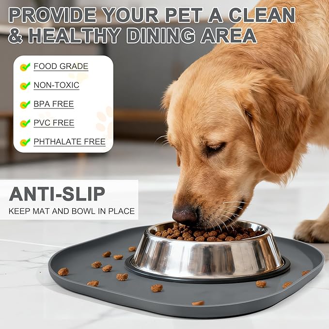 Small Silicone Pet Food Mat with Raised Edge for Food and Water Bowl, Square Dog Feeding Mats, Cat Food Trays for Floor Waterproof, Rubber Tray for Dogs and Cats, 12 x 12 x 0.7 Dark Grey