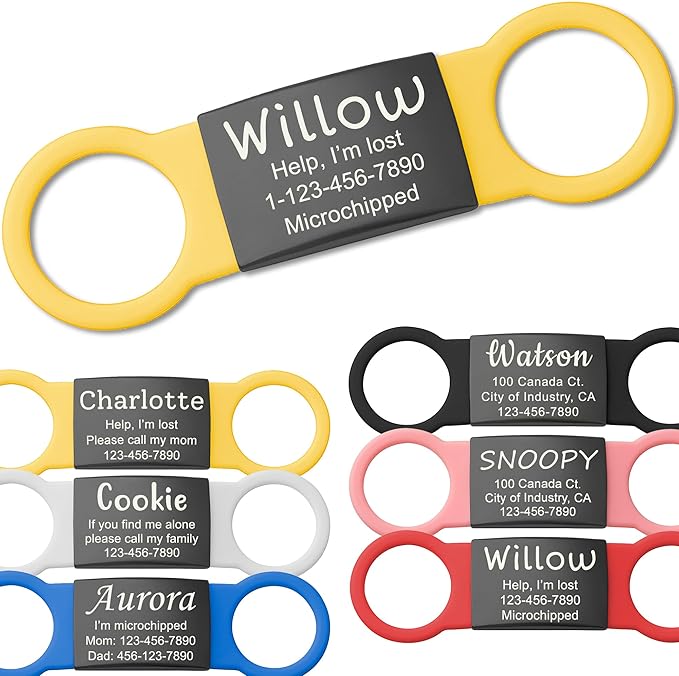 Anavia Slide On Silent Pet ID Tags, S/M/L/XL Personalized Black Stainless Steel Colored Silicone Cat Dog Name Tag, Customized Engraved Nameplate, Quiet Chew-Proof Pet Collar Tag (Yellow, Medium)