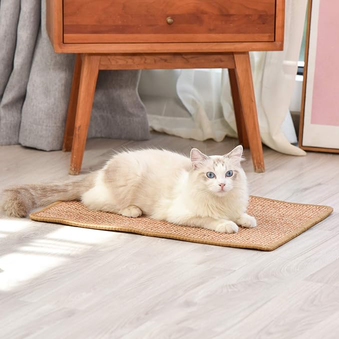 FUKUMARU Cat Scratcher Mat, 23.6 X 15.7 Inch Natural Sisal Cat Scratch Mats, Horizontal Cat Floor Scratching Pad Rug with Sticky Tapes, Protect Couch and Carpets