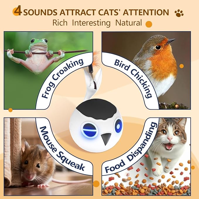 ORSDA Cat Ball Toys, Interactive Cat Toy for Indoor Bored Indoor Cats Kitten Toys, Automatic Electric Bird Moving Ball Toy, 4 Mode Voice & Touch Control Rolling Chirping Stimulating, 2 Feather Tails