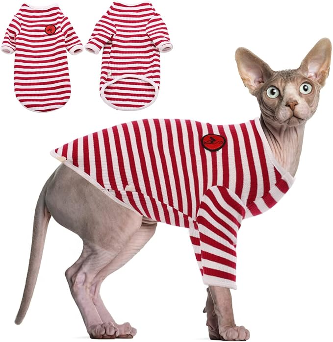 DENTRUN Hairless Cats Shirt Breathable Cat Daily Wear Clothes Stripe Vest Adorable Pajamas Jumpsuit Soft & Skin-Friendly