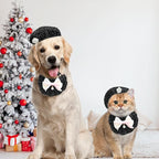 HOWWFALY 2PCS Cat Beret Hat with Small Camellia, Adjustable Satin Bowtie Bandana Scarf Set Pet Princess Costume for Halloween Christmas, Cat Dog Birthday Party Apparel(Black Bow)