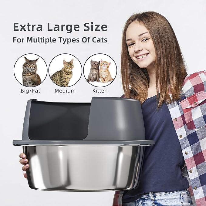 Round High-Sided Stainless Steel Cat Litter Box,Stainless Steel Litter Box with Lid,Extra Large Box,Easy-to-Clean Metal Litter Pan for Cats