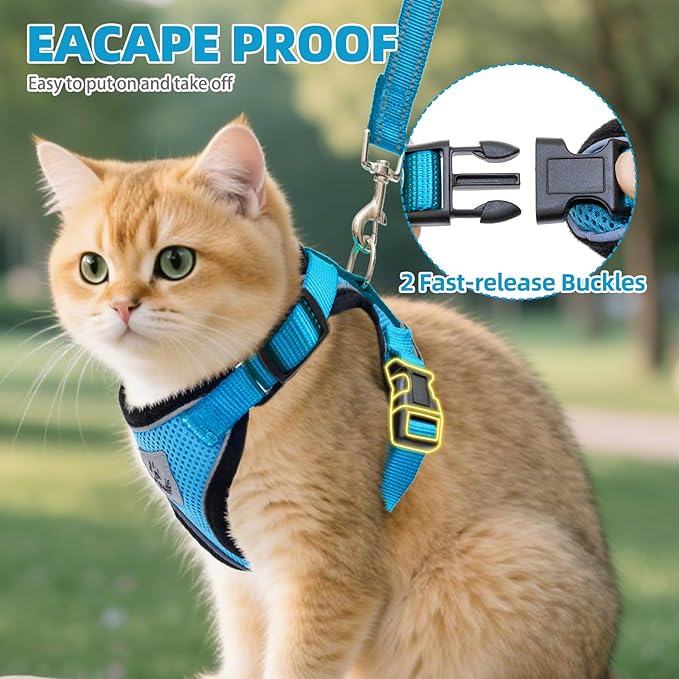 PUPTECK Cat Harness and Leash Set Escape Proof Reflective Cat Walking Harness Adjustable Soft Breathable Mesh Vest for Small Pets, Blue, M