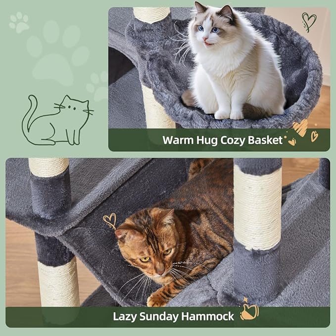 Taoqimiao 71 Inches Cat Tree for Large Cats 20lbs+, 3 Giant Perches, Multi-Level Cat Tree Tower, Widened Cat Condo with 9 Scratching Posts, Luxurious Hammcock & Basket, Smoky Gray, MS034G