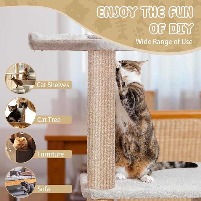 Climbing Cat Scratcher Mat Trimmable Cat Scratching Post Carpet 118’’x15.8’’ Self Adhesive Carpet Mat Pad Replacement for Cat Tree Shelves Post Couch Wall Furniture Steps DIY Protector (Beige)