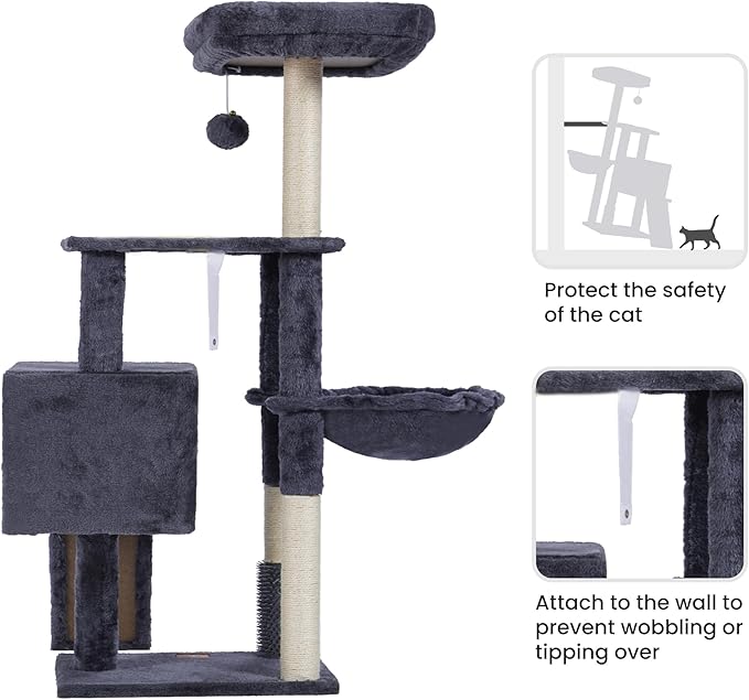 Heybly Cat Tree with Cat Self Groomer Brush, Cat Tower Condo for Indoor Cats with Padded Plush Perch, Cat House with Basket Scratching Board Post, Smoky Gray HCT005SG