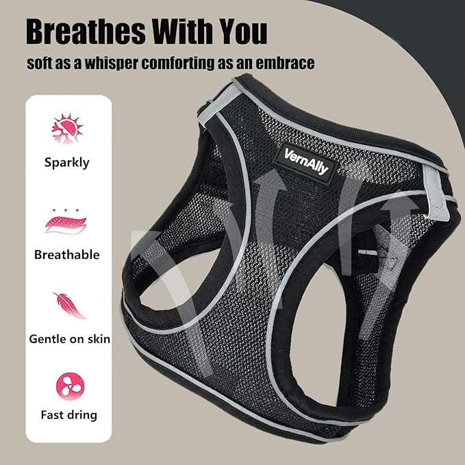 Sparkly Dog Harness Small Sized and Leash Set for Small Dogs Cats,Black S Puppy Harness, Step in Soft Dog Reflective Vest, Breathable Mesh Pet Harness. (Black, M)