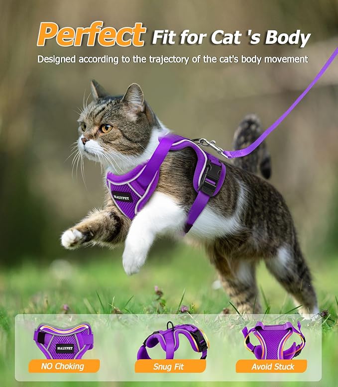 Halypet Cat Harness and Leash Set [MAX Safety 4th-Gen Upgrade] Escape Proof Adjustable Cat Leash Comfortable Soft Vest Easy to Wear Kitten Harness with Reflective Strip for Cats Walking, M Purple