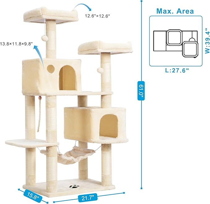 Hey-brother Large Multi-Level Cat Tree Condo Furniture with Sisal-Covered Scratching Posts, 2 Bigger Plush Condos, Perch Hammock for Kittens, Cats and Pets Beige MPJ020M
