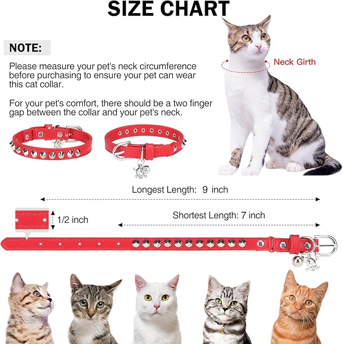 Leather Cat Collars for Boy Girl Cats with Bell and Safety Elastic Belt, Personalized Rivets Stud Adjustable Safe Buckle Collar with Skull Charm for Kitty Small Pets, Red 7"-9"