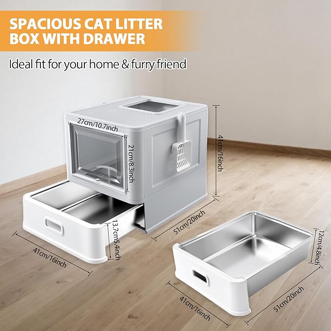 Homegroove Stainless Steel Cat Litter Box with Drawer, XL Foldable Enclosed Kitten Litter Box with Lid for Indoor Cats, Metal Covered Cat Litter Pan with Litter Scoop (Gray)