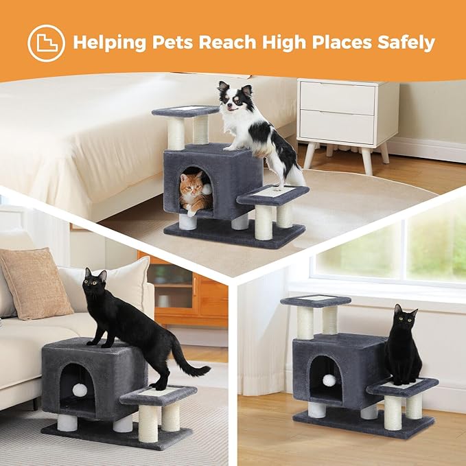 3-in-1 Dog Stairs & Cat Scratching Post with Condo, Pet Steps for High Bed, Sofa, Couch, Tall Cat Tower, High-Strength Board for Indoor Small Cats Kittens Dogs Climbing Playing, 3 Steps-Dark Grey