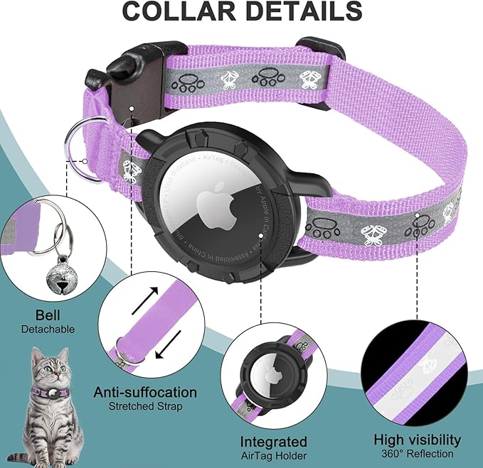 Reflective AirTag Cat Collar, Integrated Cat Tracker Collar with Air Tag Holder and Bell, Safety Elastic Band Cat GPS Collars for Girl Boy Cats, Kittens and Puppies (Lilac,XS)