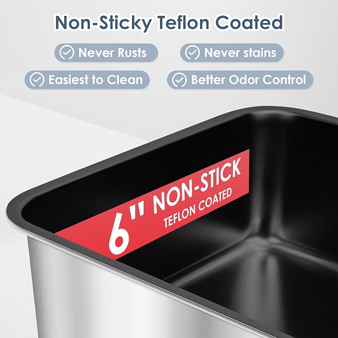 Non-Sticky Coated Stainless Steel Cat Litter Box with Lid Extra Large Litter Box for Big Cats XL Metal Litter Pan Tray with High Wall Sides Enclosure, Anti-Leakage, Easy Cleaning