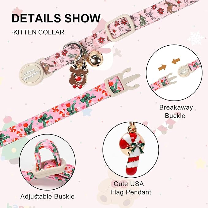 Christmas Cat Collar,Unique Style Paws Kitten Collars,Cute Pink Cats Collar with Bell,AdjustableKitten Collar Breakaway Buckle with Candy Cane,Reindeer Pattern,Ideal Gift for Boy Girl Cats