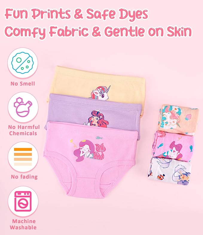 Girls and Toddlers 100% Cotton Underwear Tagless Soft Panties Size 2-3T,4-5T,6,8,10,12 (6-Pack)