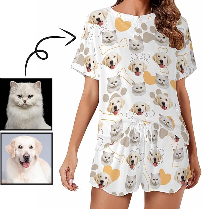 Custom Short Pajamas Set with Face Photo Women‘s Sleepwear Tee Personalized PJ Short Loungewear Set fot Her