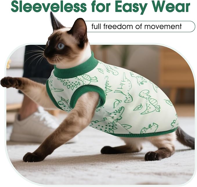 DENTRUN Sleeveless Cat Vest with Dinosaur Print, Breathable Ultra-Soft Dralon Fleece Cat Sweater, All-Season Pet Costume Apparel for Cats, Kitten Clothing for Indoor/Outdoor, Green, XXL
