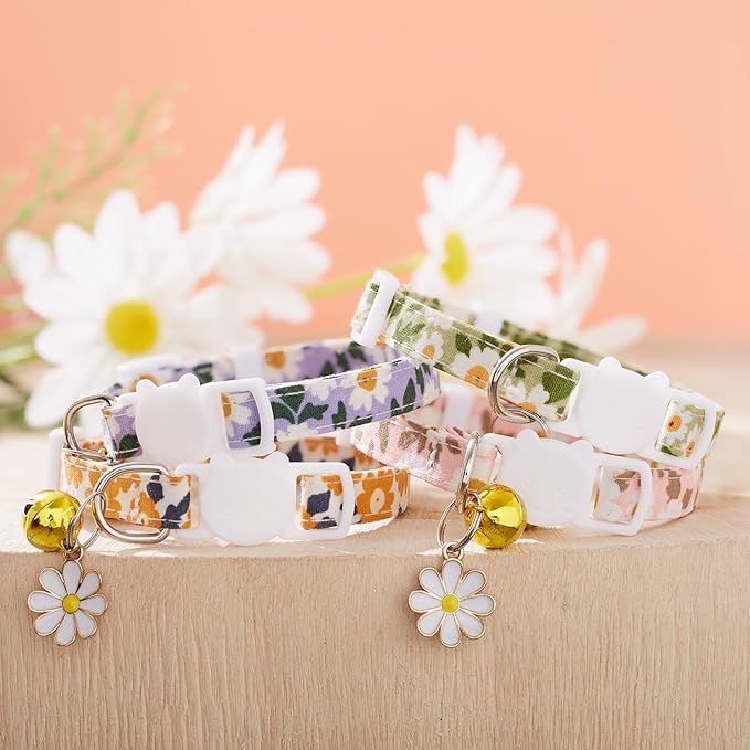 4 Pack Cotton Breakaway Cat Collar with Bell & Flowers Pendant,Cute Pet Kitten Collar for Girl Boy Cats,Pet Supplies,Stuff,Accessories,Gifts