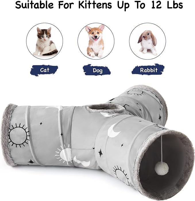 Tempcore Pet Cat Tunnel Tube Cat Toys 3 Way Collapsible, Cat Tunnels for Indoor Cats Fleece-Lined in for Warmth，Kitty Tunnel Bored Pet Toys Peek Hole Toy Ball Puppy, Kitten, Rabbit Gray Sun