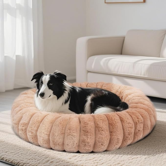 Donut Dog and Cat Bed, Luxurious Comfortable Faux Rabbit Fur Pet Beds, Round Anti-Anxiety Calming Puppy Kitten Bed with Anti-Slip Bottom for Small Medium Large Dogs & Cats(31", Brown)