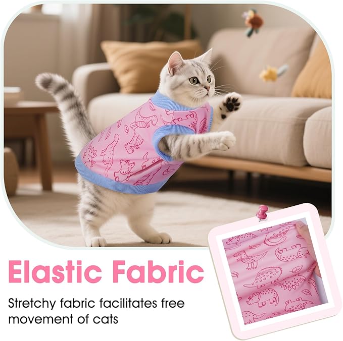 DENTRUN Sleeveless Cat Vest with Dinosaur Print, Breathable Ultra-Soft Dralon Fleece Cat Sweater, All-Season Pet Costume Apparel for Cats, Kitten Clothing for Indoor/Outdoor, Pink, XL
