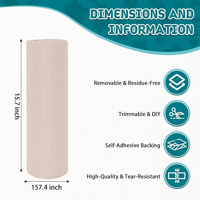 Climbing Cat Scratcher Mat Trimmable Cat Scratching Post Carpet 157.4’’x15.8’’ Self Adhesive Carpet Mat Pad Replacement for Cat Tree Shelves Post Couch Wall Furniture Steps DIY Protector (Cream White)