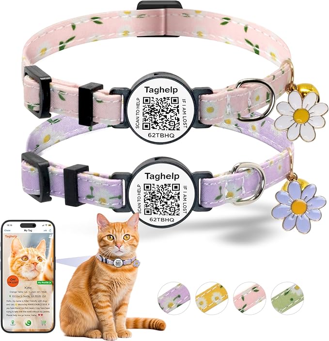 Smart QR Code Cat Collar 2-Pack, Adjustable Safety Breakaway Collar with Digital Pet ID, Flower Pendant & Bell for Indoor Outdoor Cats (Pink & Purple)