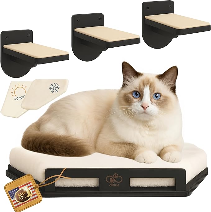 Cat Wall Shelves for Cats & Kitten – Solid Wood Cozy Corner Bed + Cushion with 2 Washable Covers + 3 Wooden Steps, Safe Haven for Indoor Cats, Cat Shelves for Wall, Black