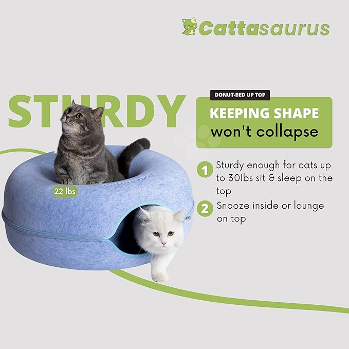 Cattasaurus Peekaboo Cat Cave Donut for Multiple & Large Cats up to 30-45 lbs, 3-in-1 Self Warming Cat Bed, Tunnel & Scratcher for Indoor Cats, Washable & Detachable Small Dog Bed (Blue, Large)