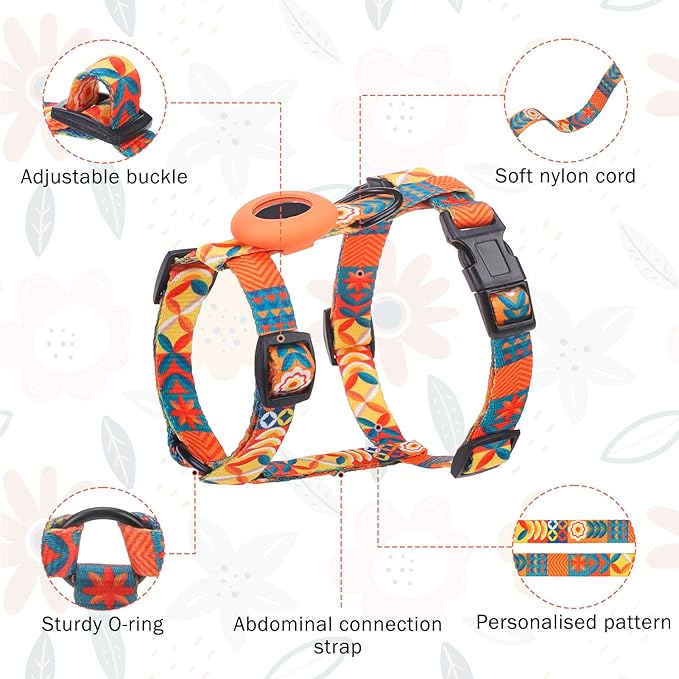 SCENEREAL Cat Harness and Leash Set Escape Proof with Airtag Holder, Adjustable Kitten Big Cats Vest Harness for Walking Outdoor Indoor, Spring Summer Holiday Strip for Cats Boys Girls