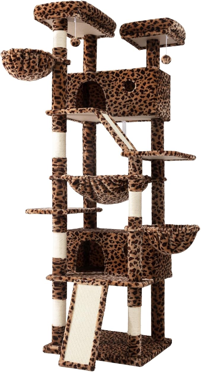 SHA CERLIN 81in Multi-Level Tall Cat Tree Tower for Indoor Kitties/Larger Cat Condo Furniture with Hammock/Cozy Pussycat Perches/Sisal Scratching Posts/Pet House/Wide Base/Leopard Print
