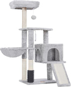 Heybly Cat Tree with Cat Self Groomer Brush, Cat Tower Condo for Indoor Cats with Padded Plush Perch, Cat House with Basket Scratching Board Post, Light Gray HCT005SW