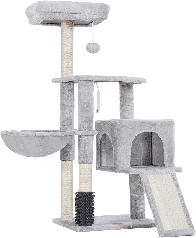Heybly Cat Tree with Cat Self Groomer Brush, Cat Tower Condo for Indoor Cats with Padded Plush Perch, Cat House with Basket Scratching Board Post, Light Gray HCT005SW